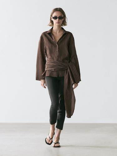 Zara Striped shirt with scarf detail - Brown - Image 0