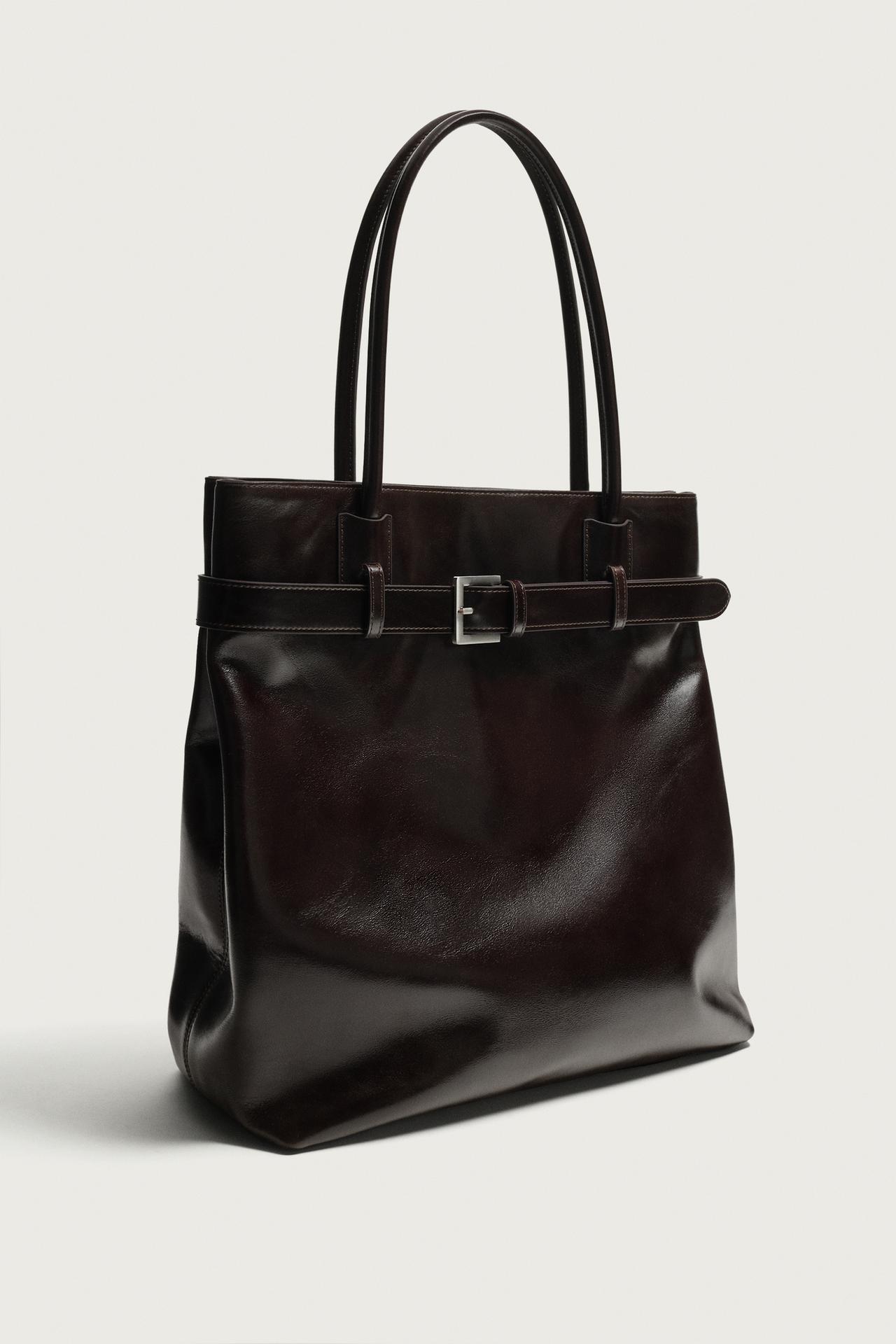 LEATHER SHOPPER WITH BELT DETAIL — Brown