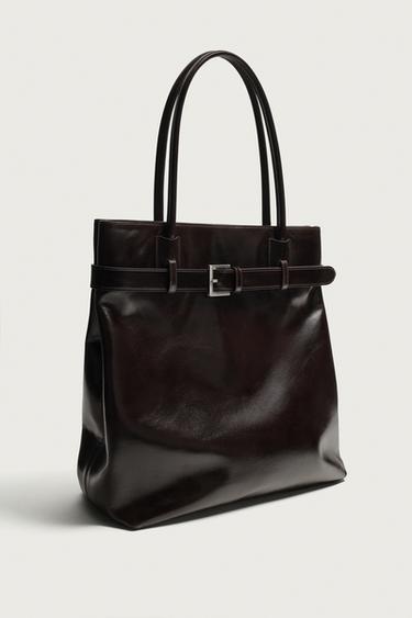 LEATHER SHOPPER WITH BELT DETAIL — Brown 2