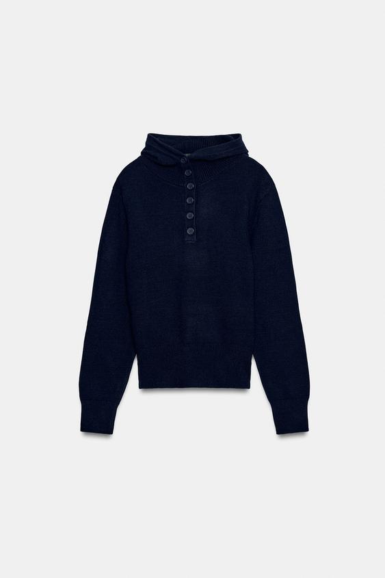 KNIT HOODIE JUMPER - Navy blue by Zara - Image 0