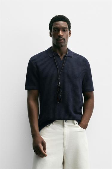 Zara TEXTURED POLO SHIRT - Navy blue