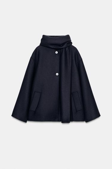 SHORT WOOL COAT WITH SCARF - Navy blue by Zara