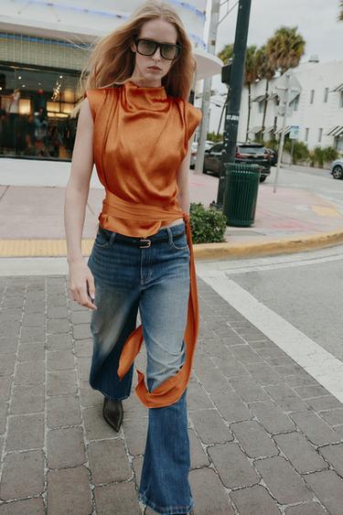 TOP SATINÉ À NŒUD - Orange brûlé de Zara