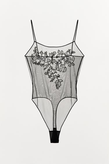 FLORAL EMBROIDERY MESH BODYSUIT - Black by Zara - Image 4