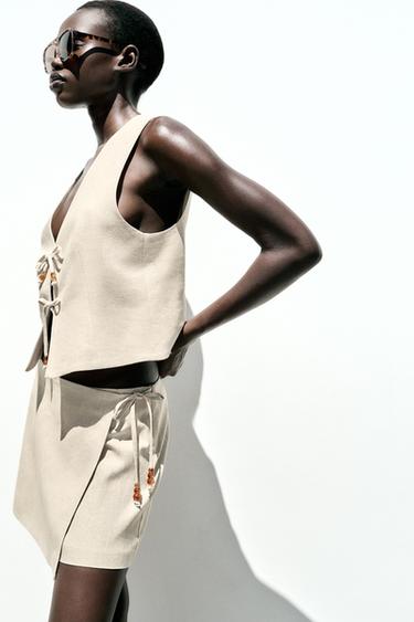 BEADED LINEN BLEND WAISTCOAT - Light beige by Zara - Image 3
