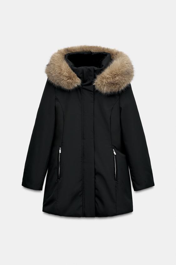 Zara KUNSTKARVAGA KAPUUTSIGA ANORAK - Must - Pilt 0
