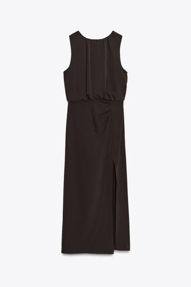 Zara RUCHED WAIST MIDI DRESS - Brown