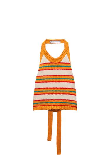Front view of a multicoloured striped top with a round neck and wide straps.