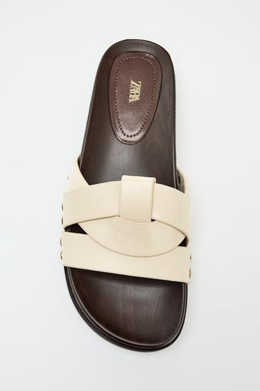 Zara CROSSOVER FLAT LEATHER SANDALS - Off White