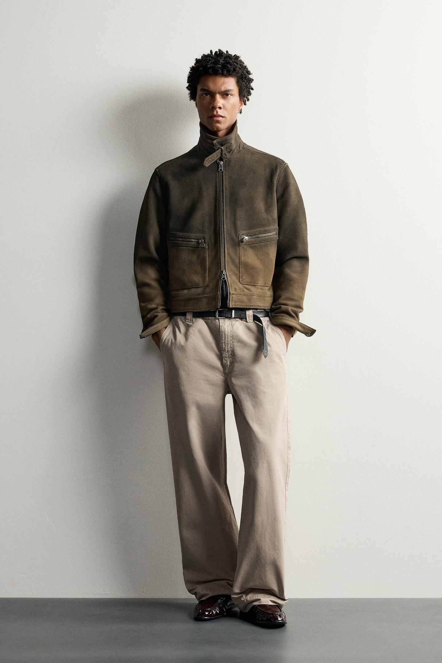 Мужская куртка Zara Washed Leather Cropped Fit, цвет: Чёрный / Коричневый