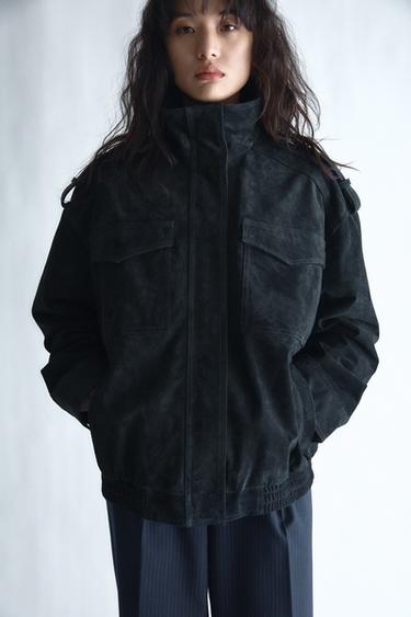 100% SUEDE LEATHER JACKET WITH POCKETS - Blue by Zara