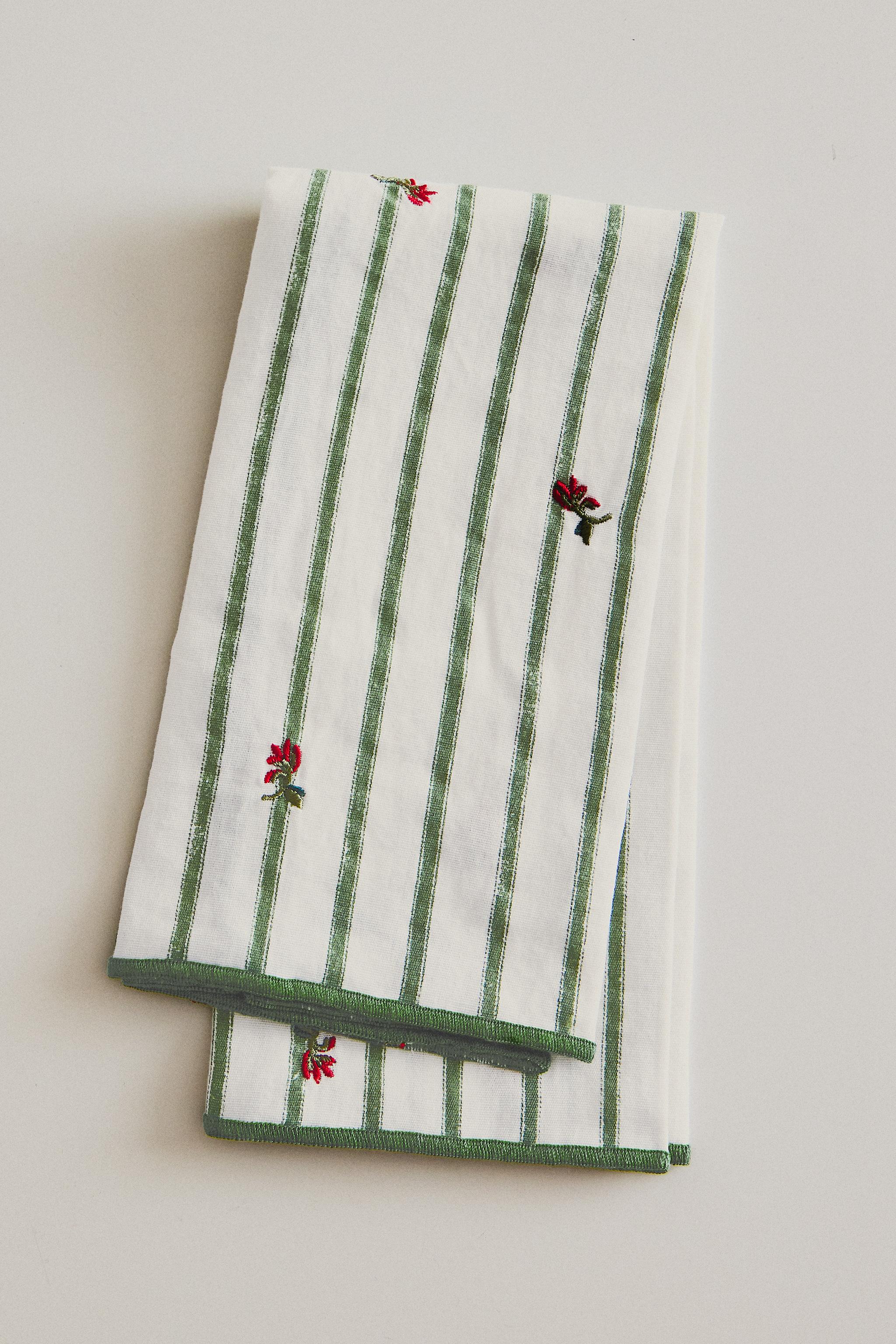 STRIPED EMBROIDERED FLORAL NAPKINS (SET OF 2) — Green