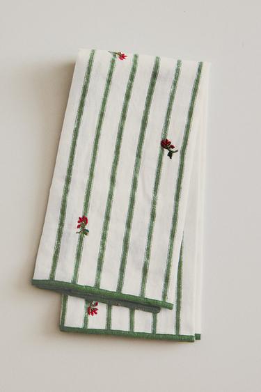 GESTREIFTE SERVIETTEN MIT BLUMENSTICKEREI (2ER-PACK) - Grün von Zara
