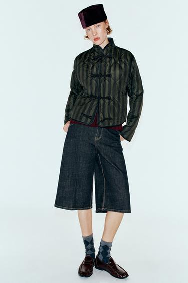 STRIPED QUILTED JACKET WITH FROG FASTENINGS — Dark khaki 2