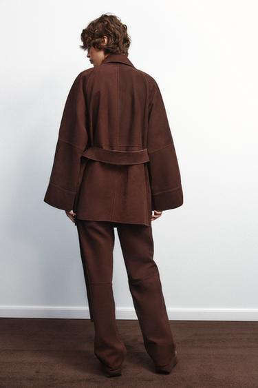 OVERSIZE SHORT SUEDE LEATHER TRENCH COAT - Brown by Zara - Image 6