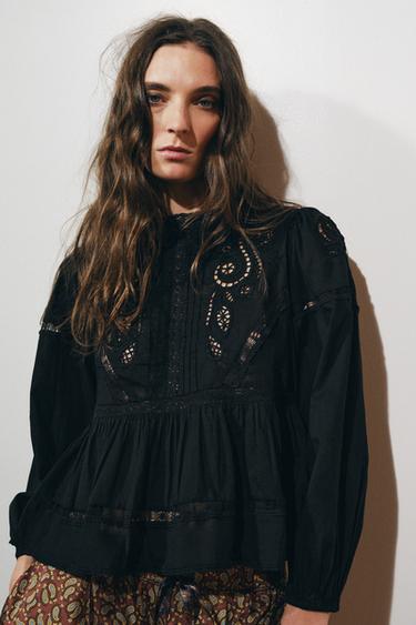 БЛУЗА В РОМАНТИЧЕСКОМ СТИЛЕ С ВЫШИВКОЙ — ZW COLLECTION — ЧЕРНЫЙ от Zara