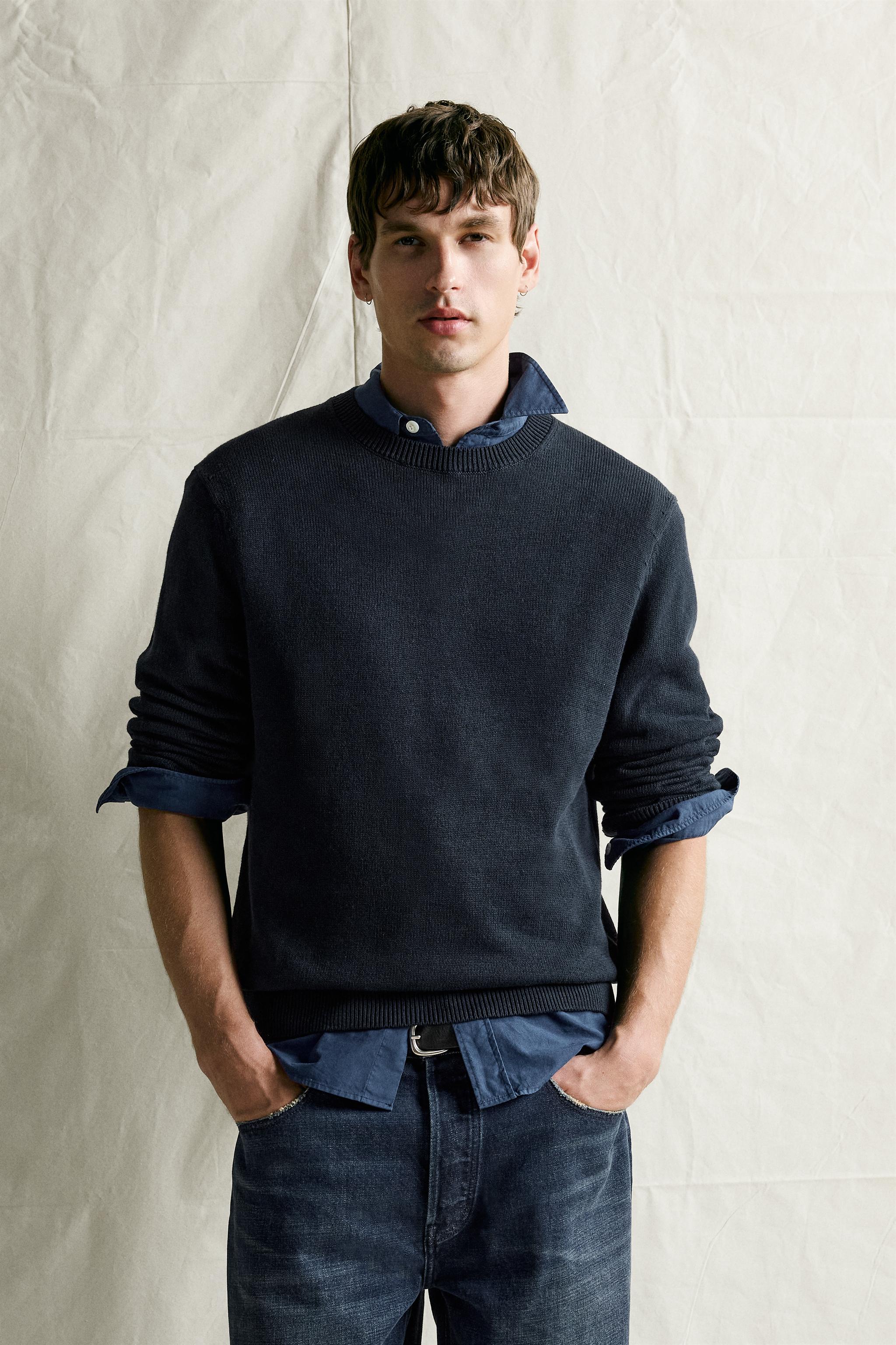 COTTON-LINEN REGULAR FIT SWEATER — Dark navy