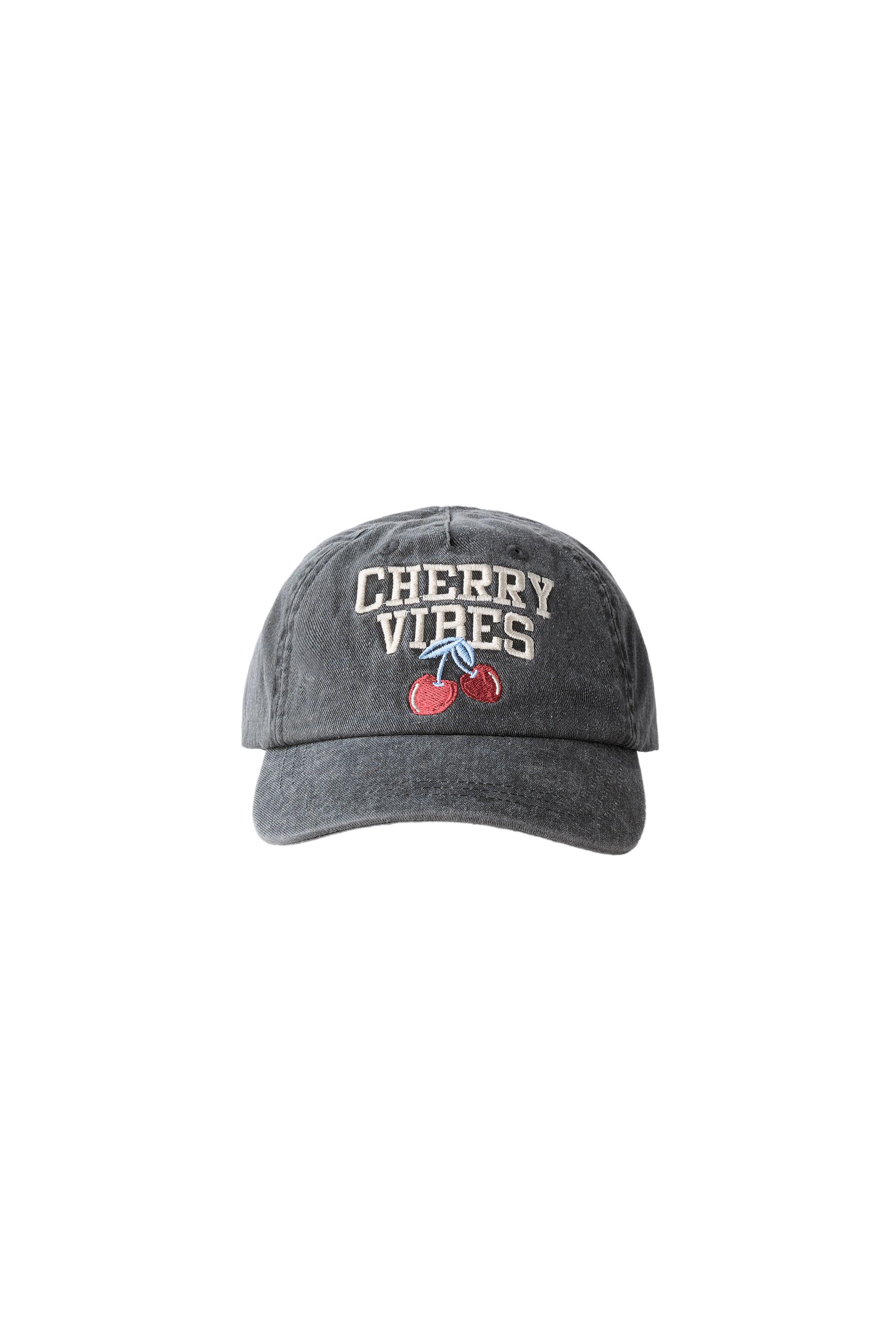 AGES 3-14 / WASHED EFFECT CHERRY EMBROIDERED CAP - Black 