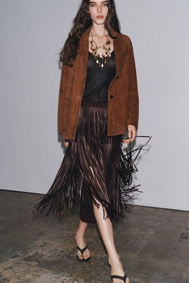 FRINGED MIDI SKIRT - Brown by Zara - Image 0