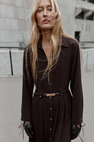 ROBE CHEMISE MI-LONGUE AVEC CEINTURE - Chocolat de Zara - Image 3