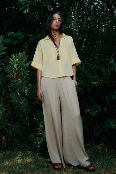 Zara LINEN BLEND CROPPED SHIRT - Yellow