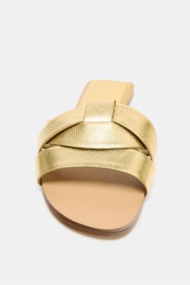 FLAT LEATHER SLIDE SANDALS - Gold by Zara - Image 3