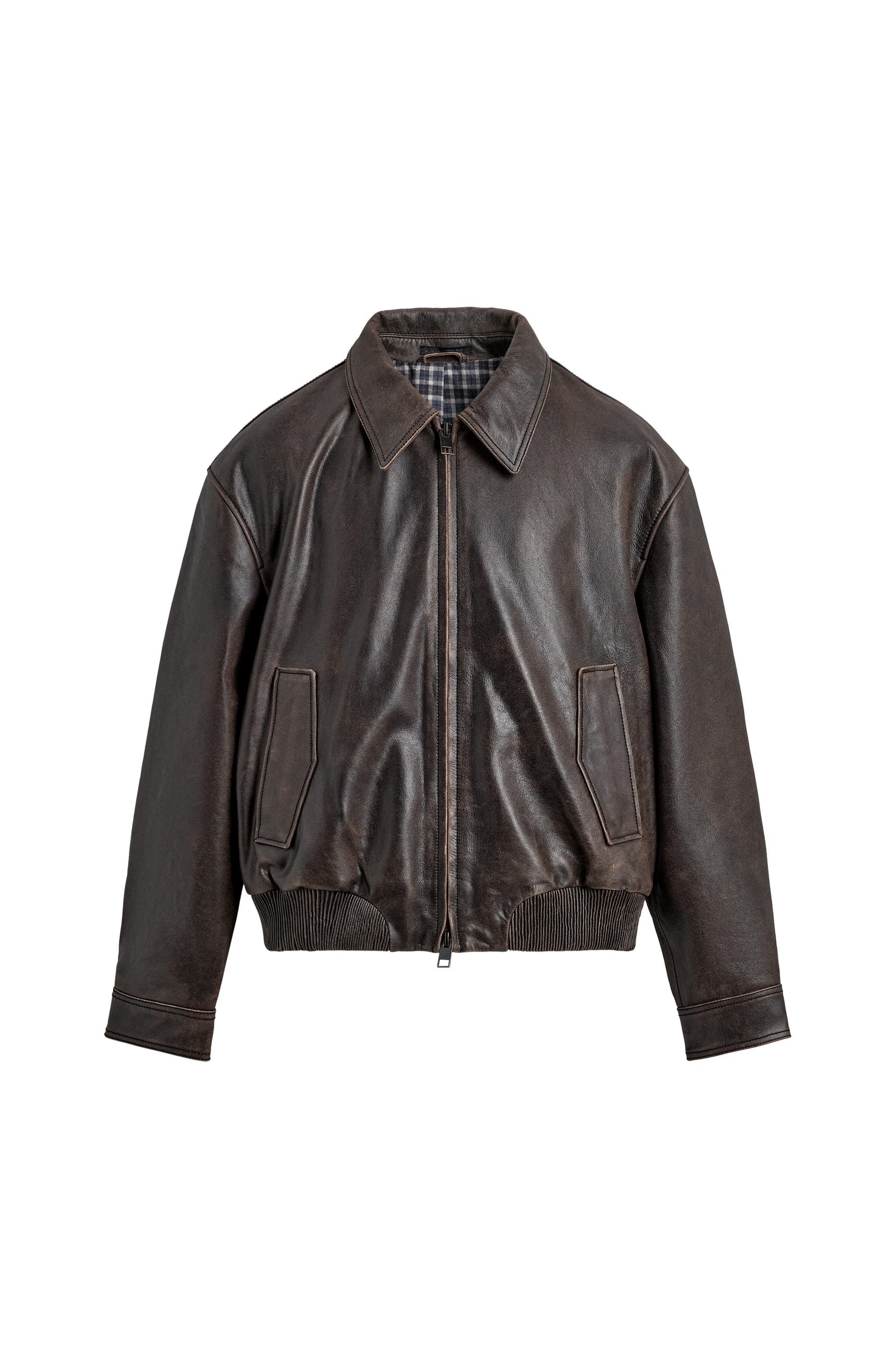 ウォッシュド加工レザーボンバージャケット - ブラウン | ZARA Japan