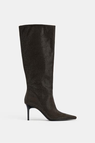 KNEE-HIGH BOOTS WITH SPARKLY DETAILS - Chocolate Brown by Zara