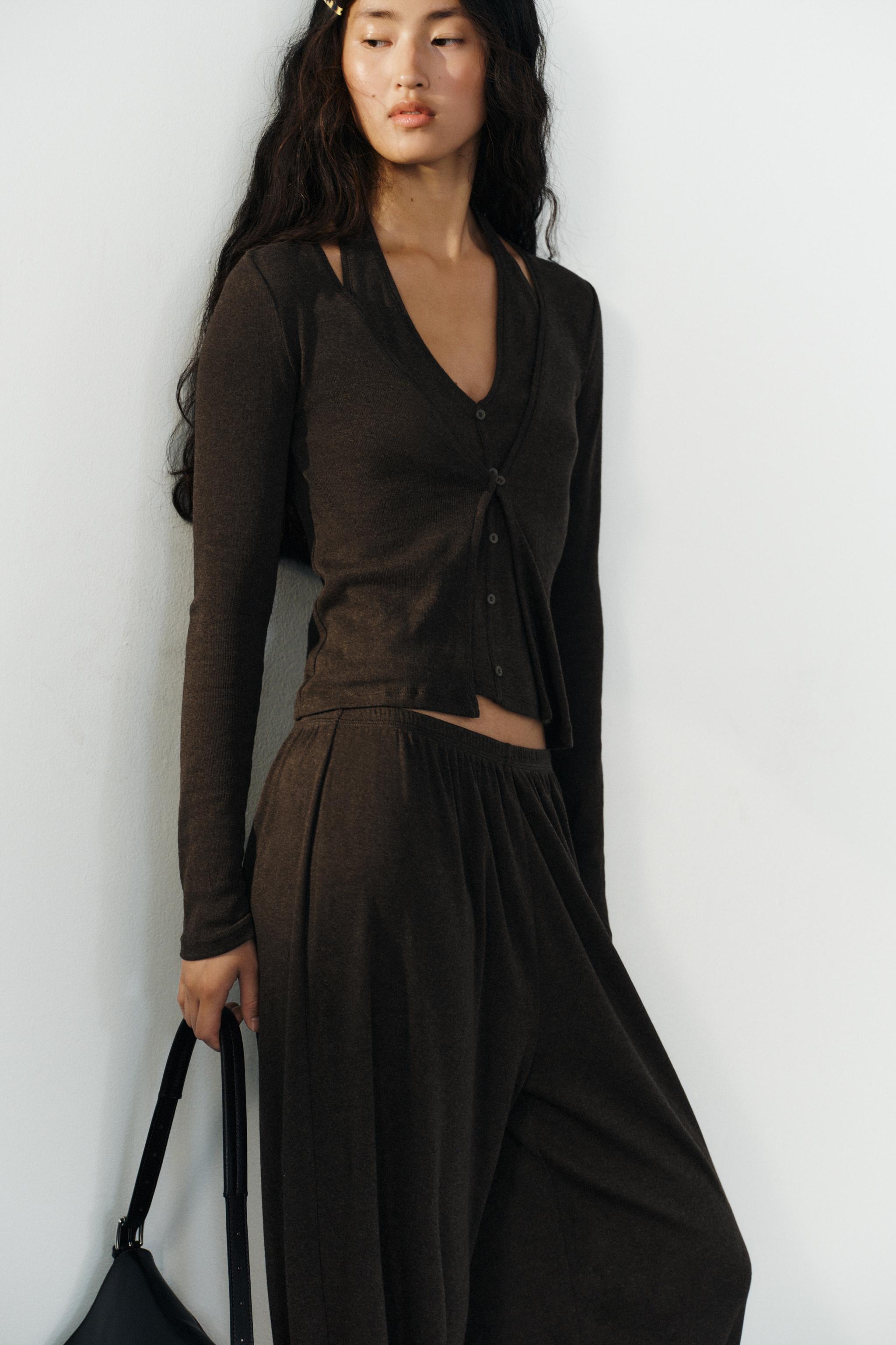 LAYERED EFFECT JACKET TOP — Brown marl
