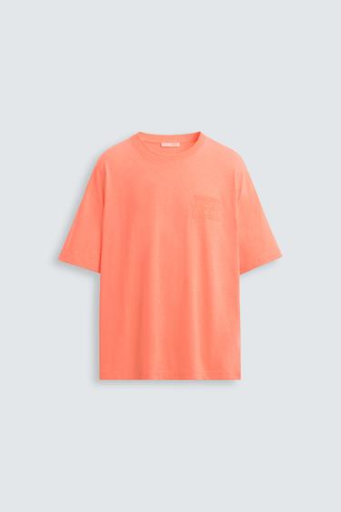 EMBROIDERED SLOGAN T-SHIRT - Neon orange by Zara
