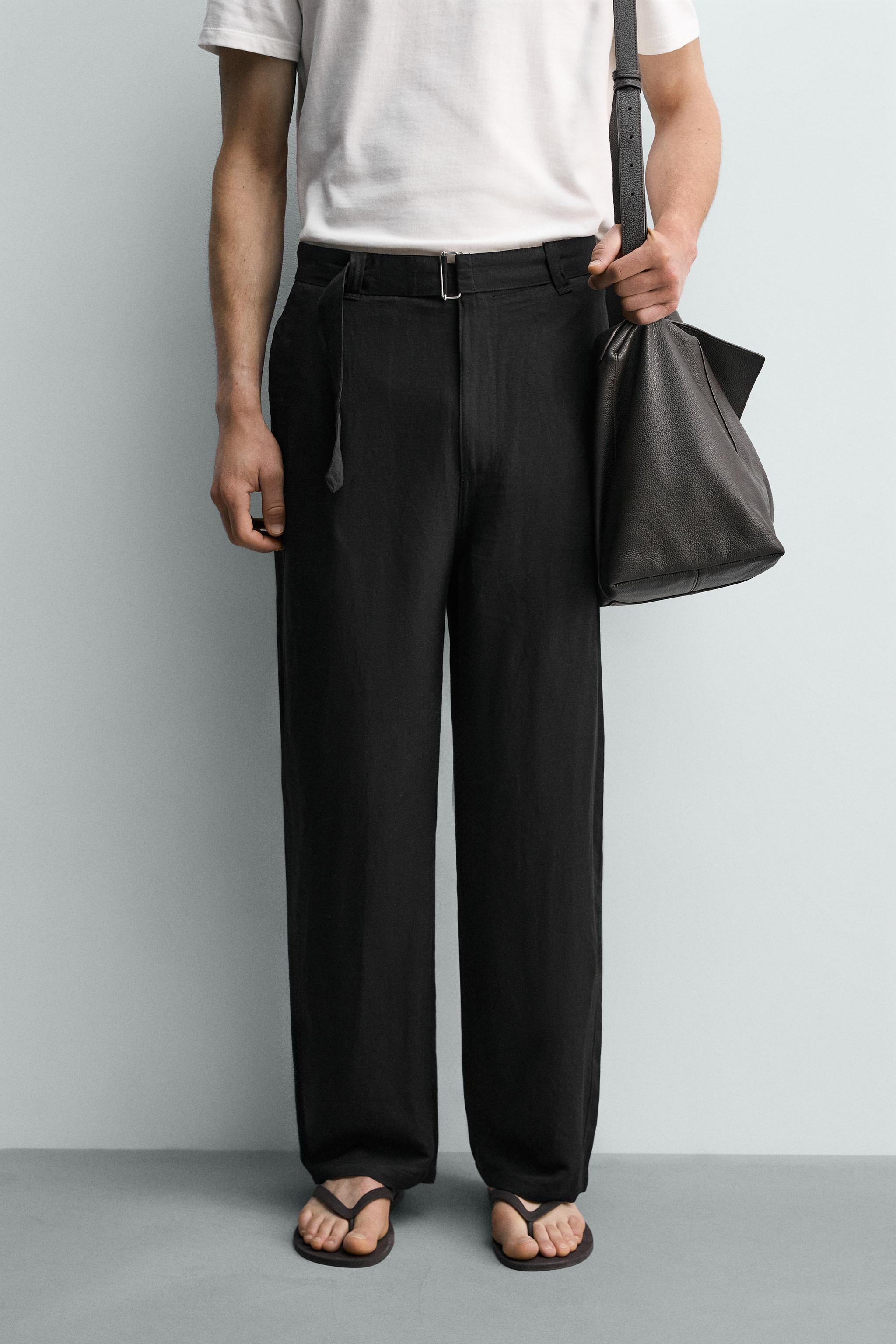 RELAXED FIT VISCOSE-LINEN BELTED PANTS