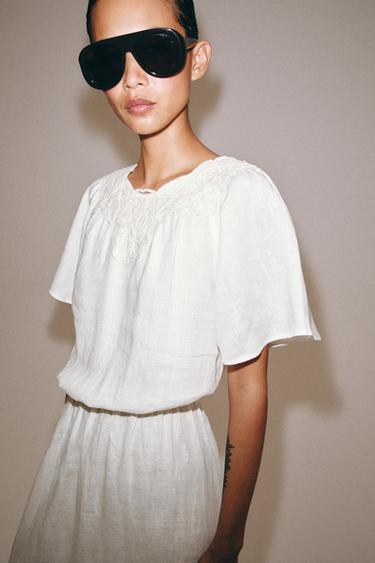 VESTIDO LINO 100% CROCHET ZW COLLECTION - Beige claro de Zara