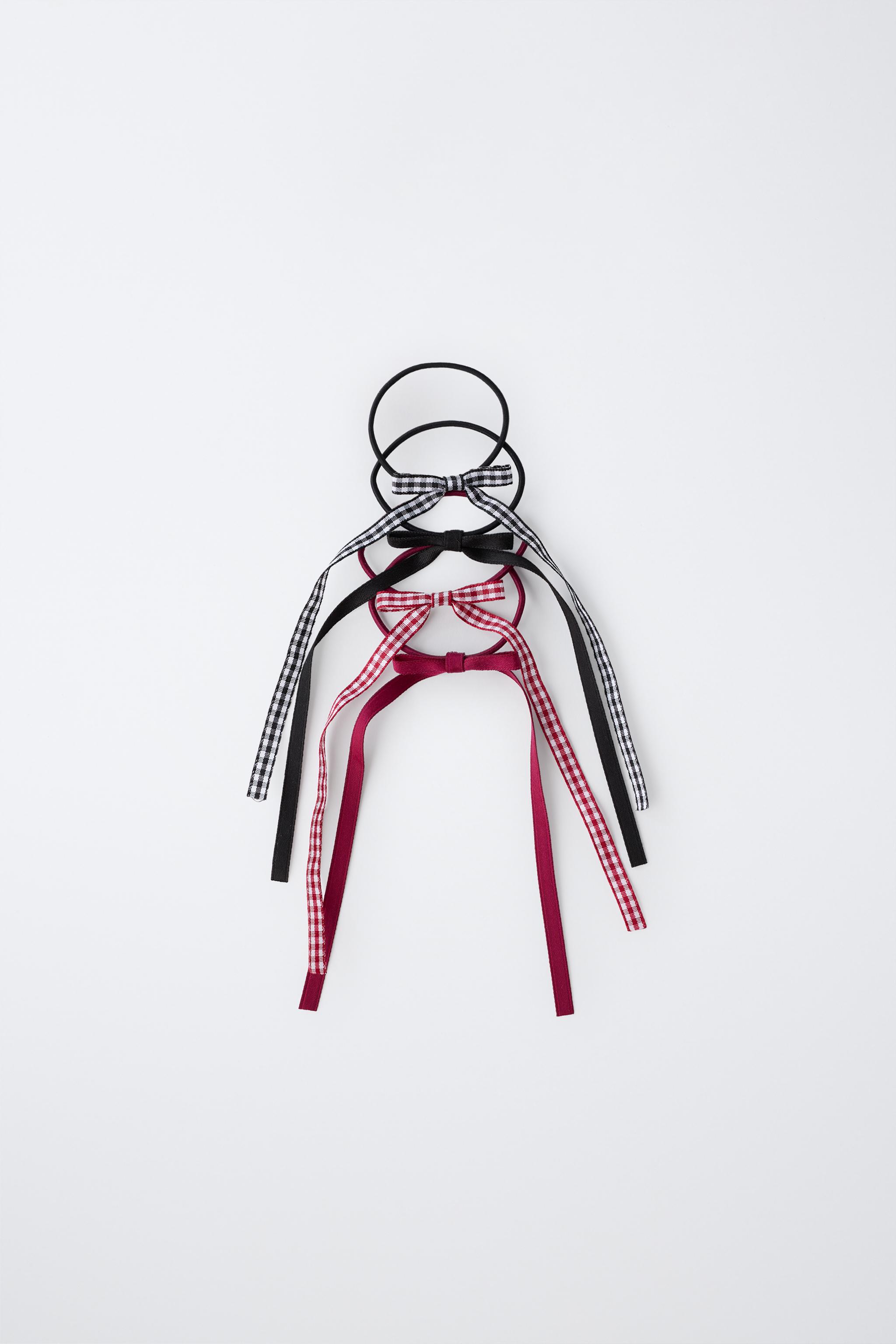 FOUR-PACK OF SOLID AND GINGHAM BOW HAIR TIES — Multicolored
