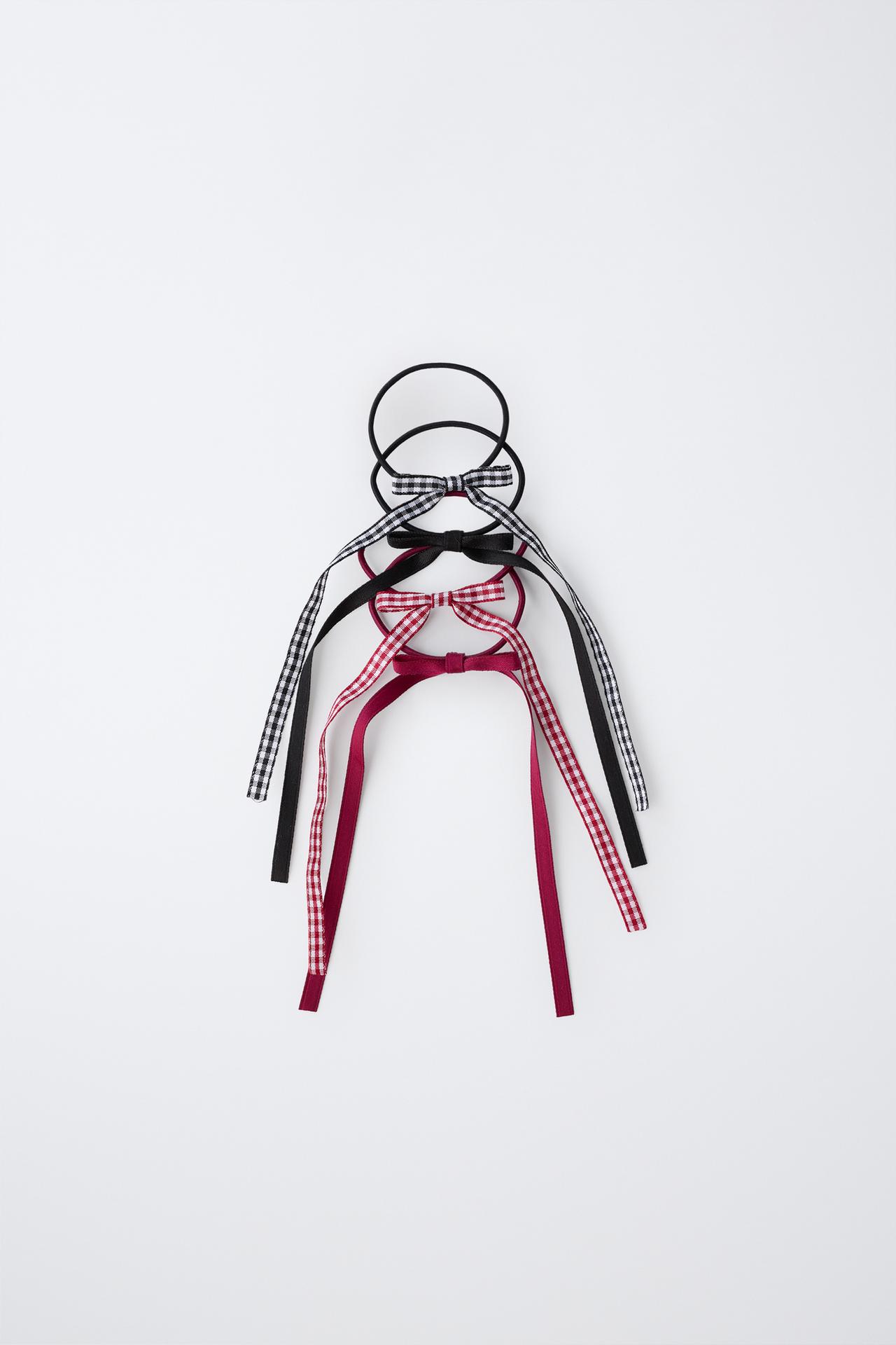 FOUR-PACK OF SOLID AND GINGHAM BOW HAIR TIES — Multicolored