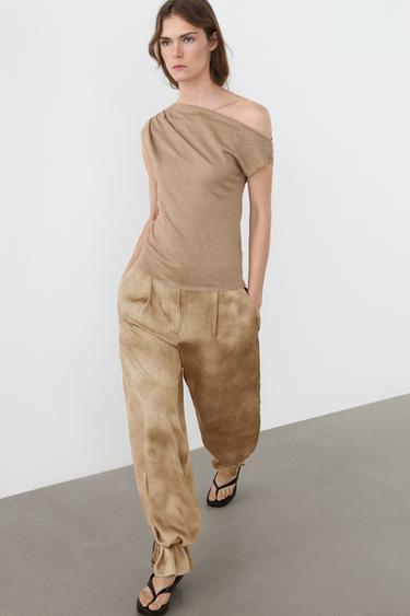 Zara Asymmetric linen blend top with draped detail - Light brown