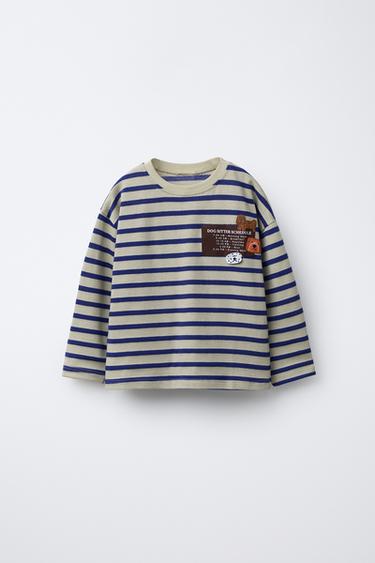 Zara STRIPED PATCH T-SHIRT - Gray / Blue
