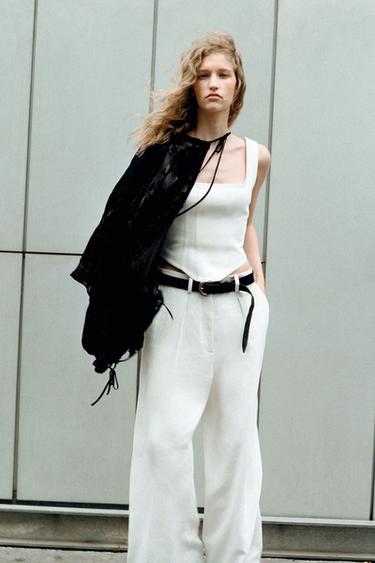 Zara ZW COLLECTION LINEN BLEND TOP - Ecru