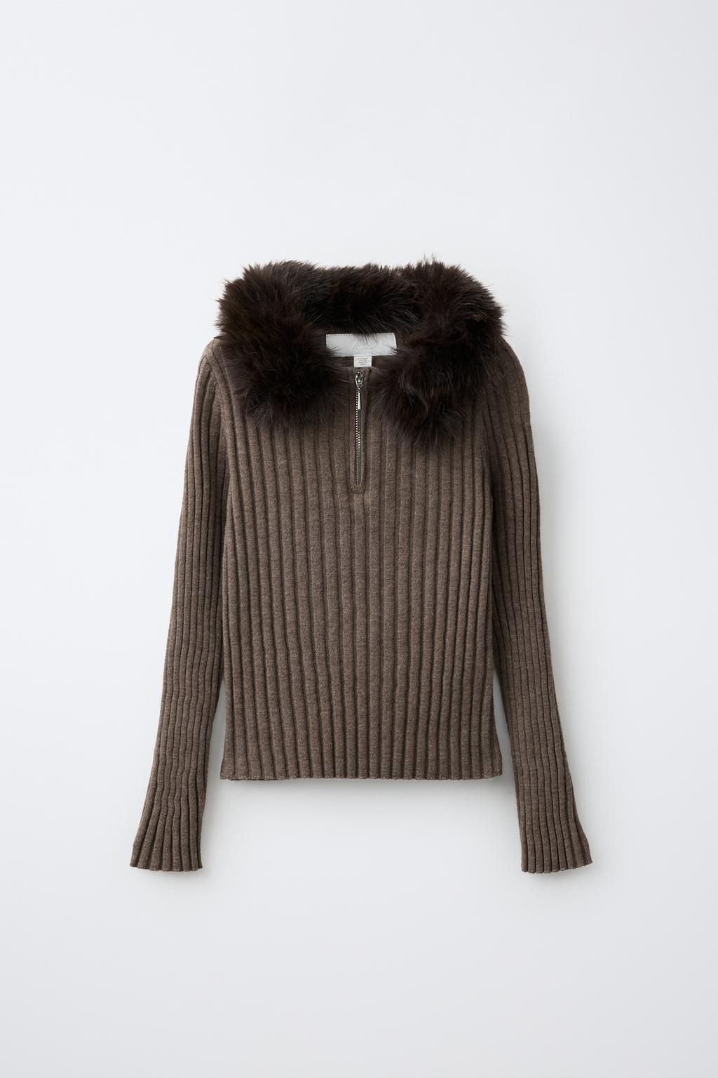 FAUX FUR QUARTER-ZIP KNIT JUMPER