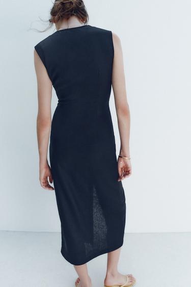 MIDI DRESS WITH LINEN BLEND BELT - Navy blue by Zara - Image 3
