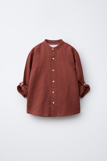 Zara 棉麻立領襯衫 - 絳紅色