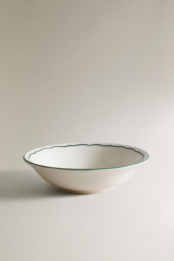 SHALLOW EARTHENWARE BOWL WITH CONTRAST RIM - White / Green by Zara - Image 0