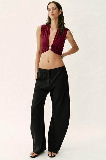 Zara DRAPED POLYAMIDE TOP WITH METAL TRIM - Burgundy