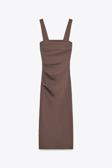 VESTIDO MIDI COM PREGAS - Castanho da Zara