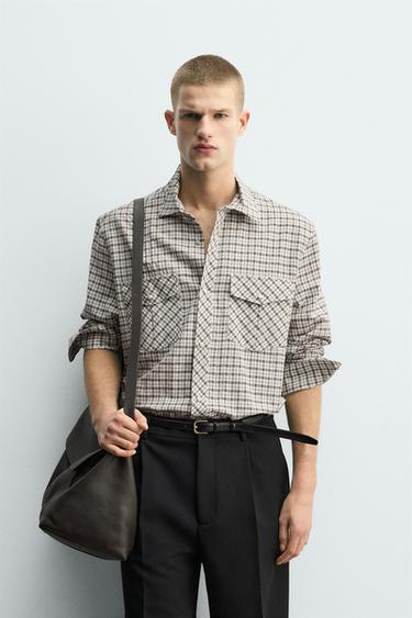 Zara RELAXED FIT PLAID SHIRT - Ecru / Black