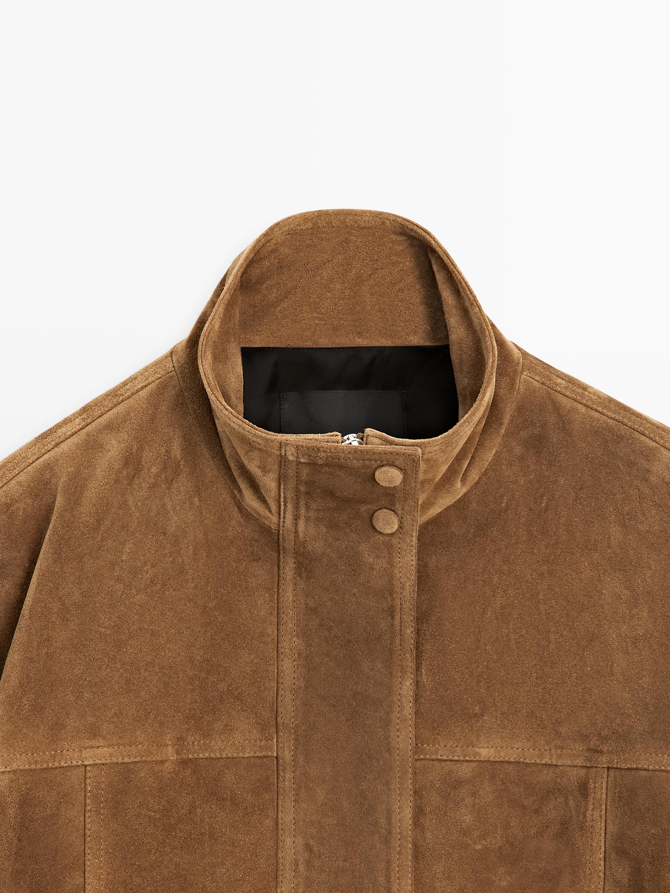 Blouson bomber court en cuir daim