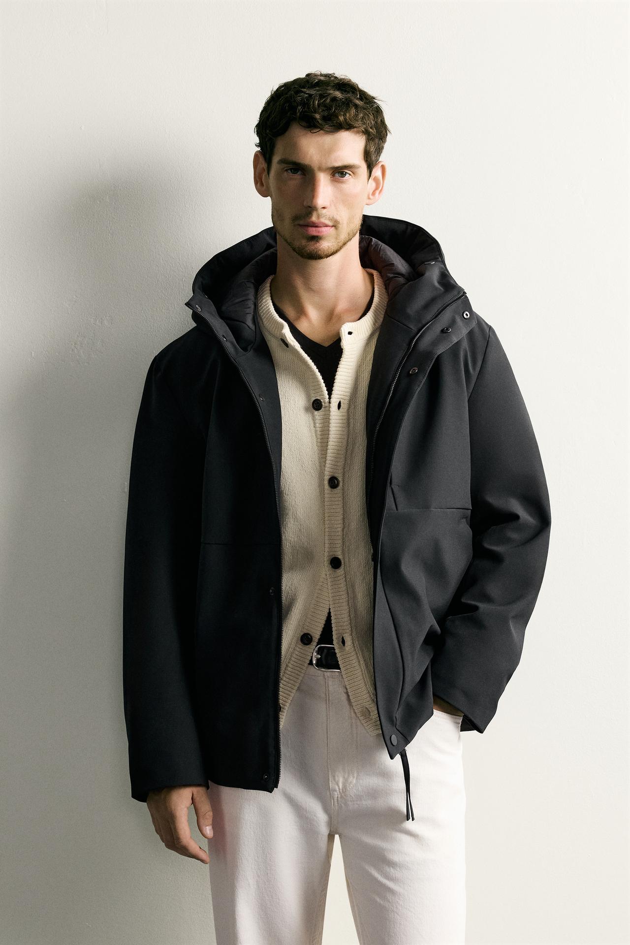 TECHNICAL WATER-REPELLENT HOODED JACKET — Black