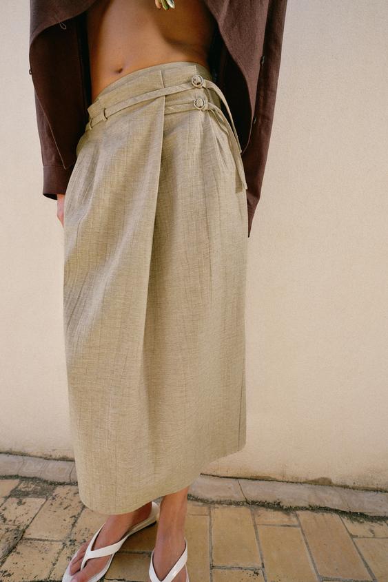 JUPE MI-LONGUE CEINTURE - Marron clair de Zara - Image 1
