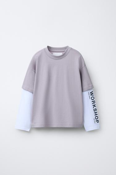 DOUBLE SLEEVE SLOGAN T-SHIRT - Lilac by Zara