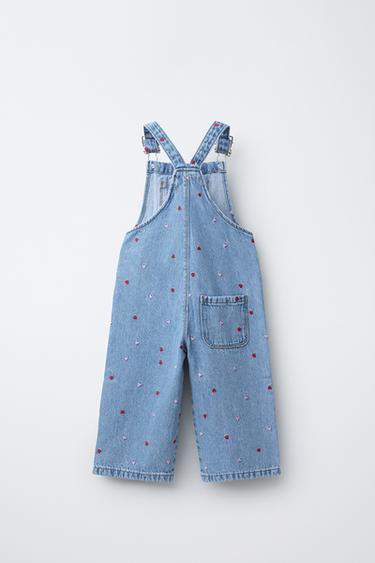 LONG DENIM DUNGAREES WITH EMBROIDERED HEARTS - Blue by Zara - Image 1