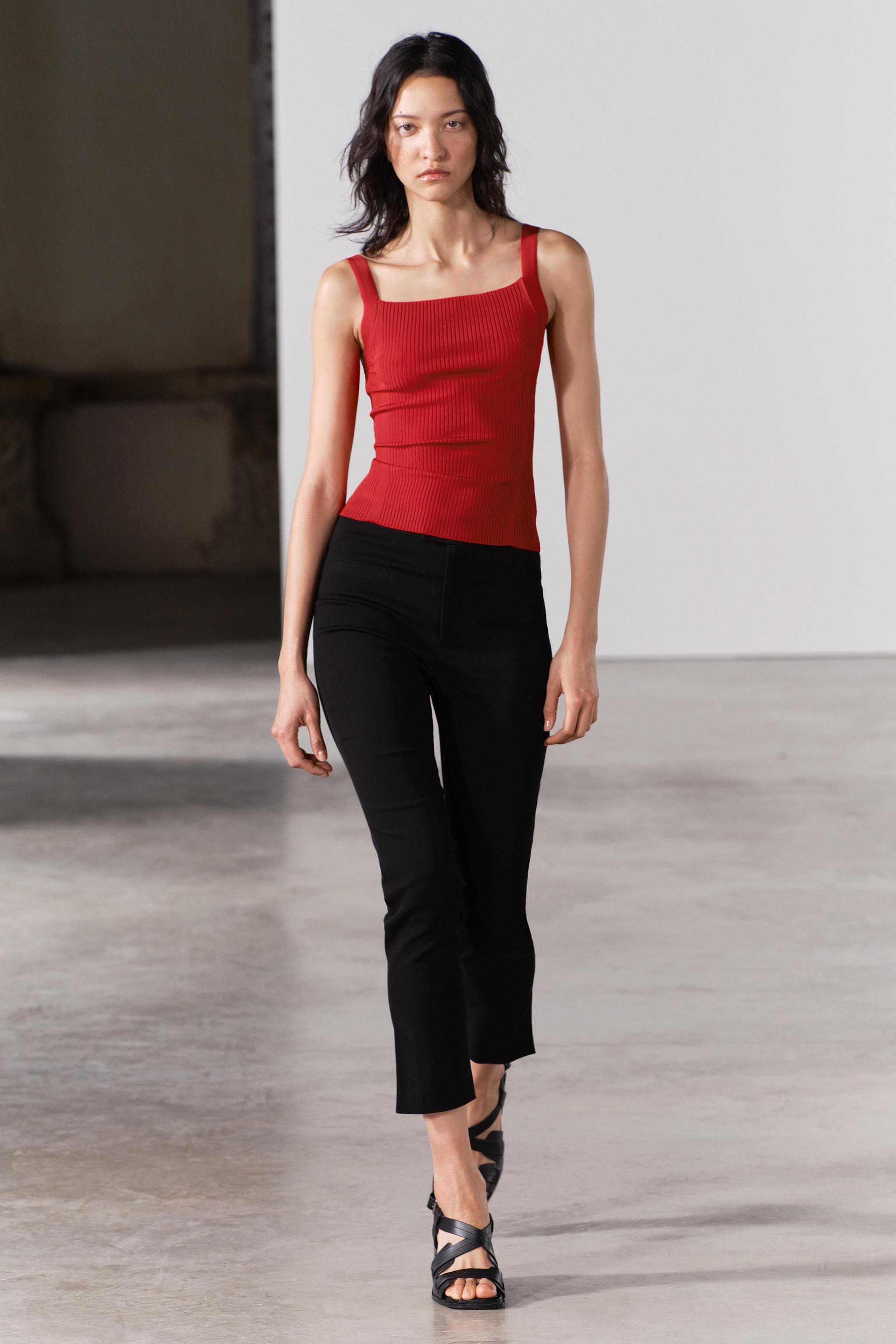 Zara Sports Bra Red White Trim Tank Crop Top Activewear Nylon Size